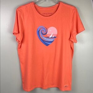 Life Is Good Crusher tee Orange Tee with Heart and Wave Design L